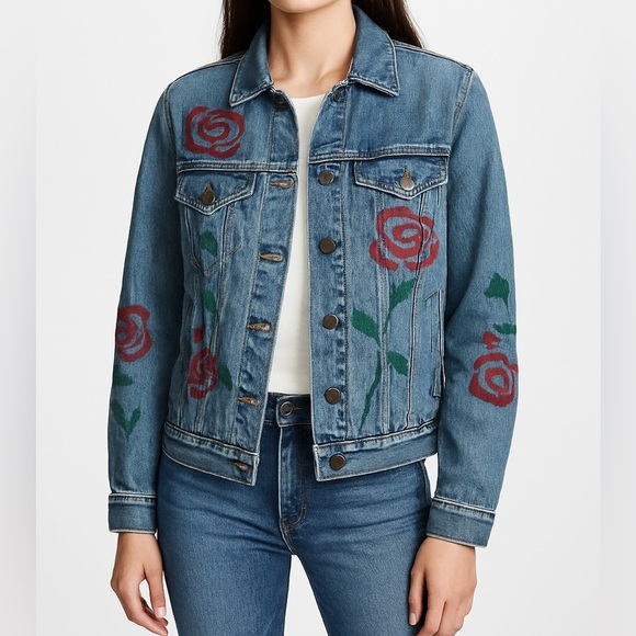 Madewell The Jean Denim Jacket Medford Wash Handpainted Painted Rose Size S NWOT - Picture 1 of 15